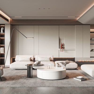 现代客厅，现代沙发组合，现代茶几组合，现代单人休闲椅，金属落地灯，绿植，饰品摆件