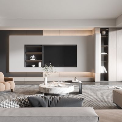 现代客厅奶油风客厅北欧客厅日式客厅茶几单人沙发画落地灯电视墙懒人沙发