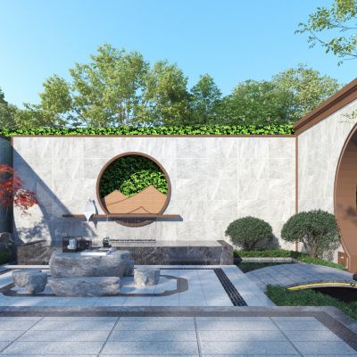 中式庭院花园_水景景墙_圆门 3D模型