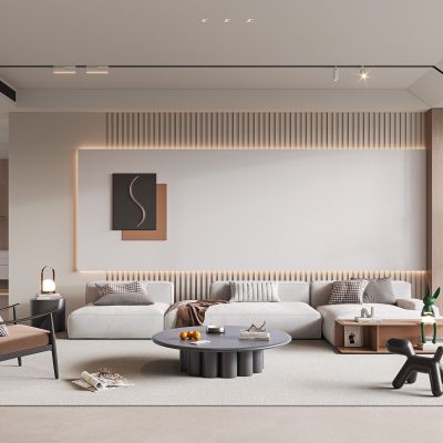 现代客厅，沙发茶几组合，单人休闲椅，书籍，公仔，绿植，饰品摆件