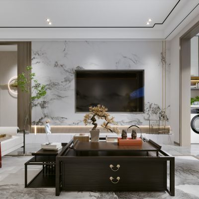 新中式简约客厅，客厅，沙发，书柜，中式书柜，地毯，茶几，中式茶几，松树，抱枕