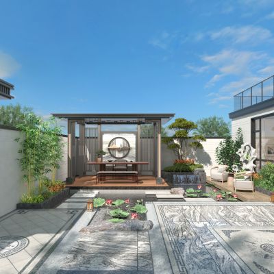  新中式居家庭院 庭院花园 别墅庭院 荷花水系 石头 亭子松树