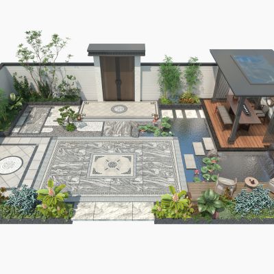 新中式居家庭院 别墅庭院 荷花水系 石头 亭子 松树