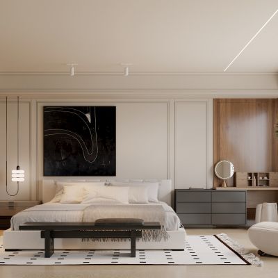 卧室，侘寂，现代，床品组合，台灯，装饰画，盆栽，背景墙