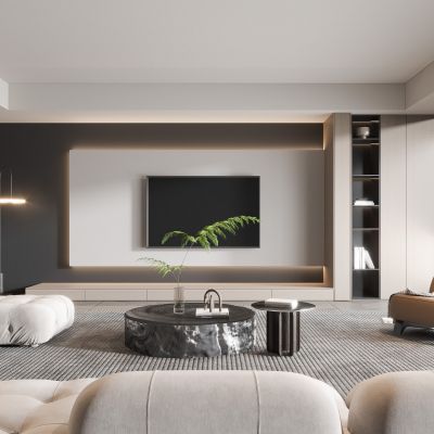 现代客厅奶油风客厅北欧客厅日式客厅茶几单人沙发画落地灯电视墙懒人沙发