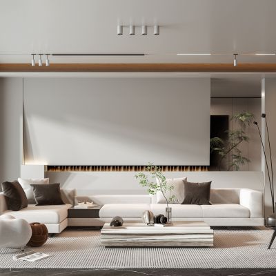 现代客厅沙发茶几单人沙发落地灯植物