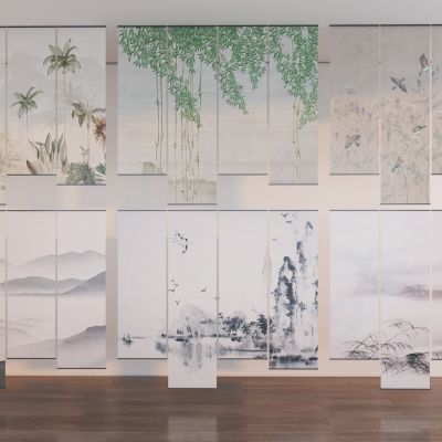 新中式禅意山水花鸟纱帘3D模型