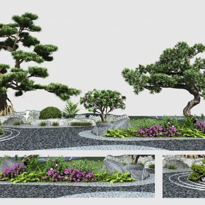 新中式景观造景 松树 石头 花草灌木 石狮柱