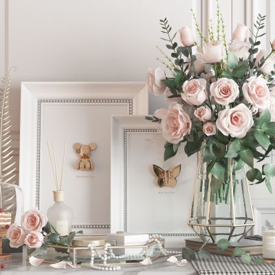 现代摆件组合 装饰摆件 装饰品 花瓶花艺 烛台 蛋糕