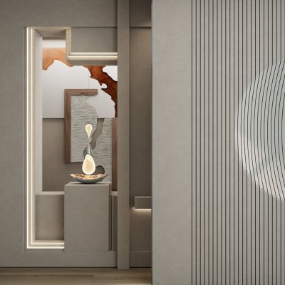 北欧奶油诧寂风圆弧格栅造型玄关