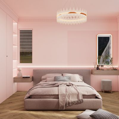 奶油风无主灯粉色系女孩卧室