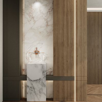 轻奢奶油原木风岩板灯带造型玄关