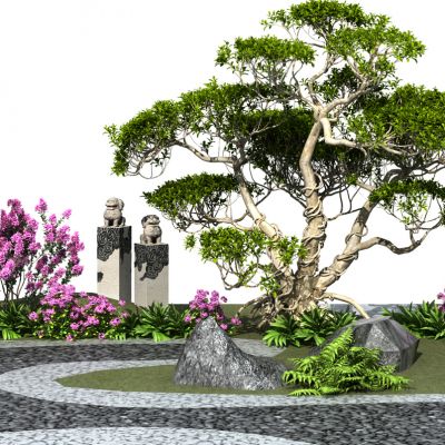 松树景观树 迎客松 石头狮柱 庭院松树小品