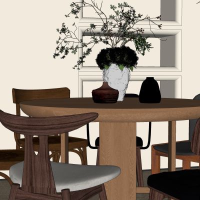 餐厅，侘寂，现代，餐桌椅，吊灯，餐边柜，盆栽，装饰画