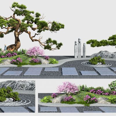 新中式景观造景 松树 石头 花草灌木 石狮柱