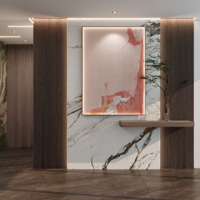 新中式奶油原木风岩板玄关隔断