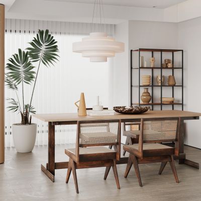 餐厅，侘寂，现代，餐桌椅，吊灯，餐边柜，橱柜，盆栽