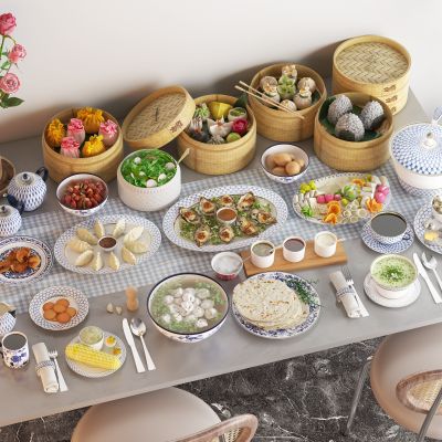 饺子包子食物 鸡蛋玉米 馄饨饼 早餐餐桌 小笼包美食