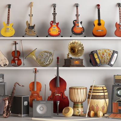 乐器组合 吉他 手风琴 萨克斯小号 手鼓 小提琴大提琴 葫芦丝 音响