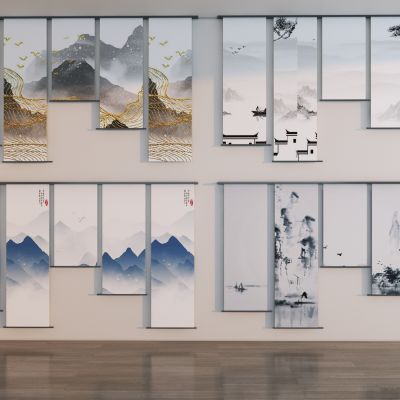 新中式山水画纱帘3D模型