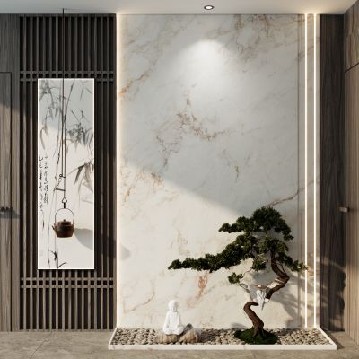 中式实木风盆景岩板禅意玄关