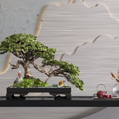 松树盆景 茶具 梅花 佛像