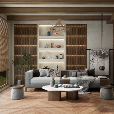 中式原木风实木内嵌柜禅意茶室