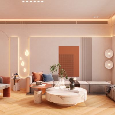 奶油诧寂风无主灯灯带造型客厅沙发墙