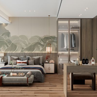 新中式奶油原木风梳妆台卧室