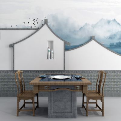 新中式山水墙 餐桌椅