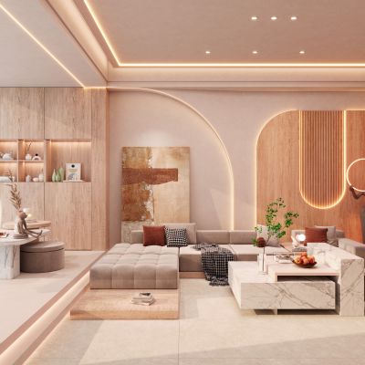 奶油诧寂风客厅造型灯带沙发墙