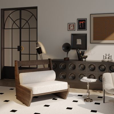 中古风休闲区，摆件，单人休闲座椅