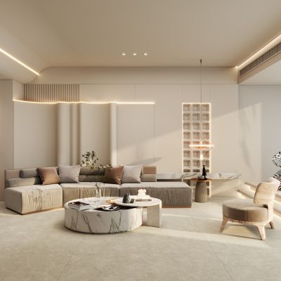 奶油诧寂风无主灯折叠造型客厅沙发墙