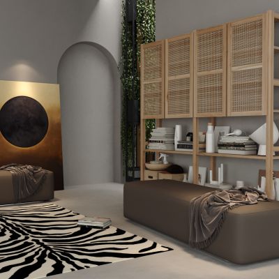 侘寂风休闲区，装饰柜，装饰画，摆件