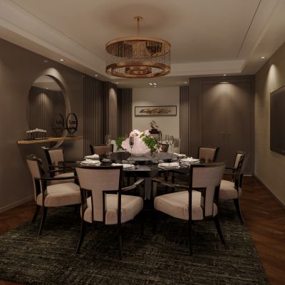 新中式餐厅包间，麻将桌，摆件