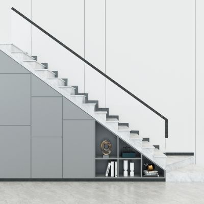 现代楼梯间楼梯，楼梯玻璃栏杆扶手，楼梯间储物柜，装饰展示柜