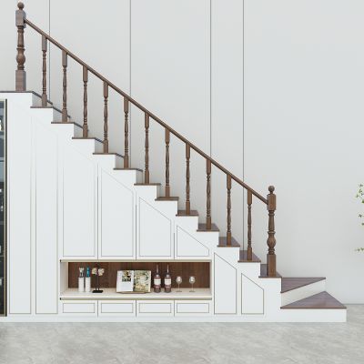 简欧式楼梯间楼梯，楼梯栏杆扶手，楼梯间储物柜，装饰展示柜，酒柜