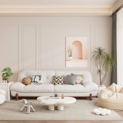 奶油风客厅，沙发茶几组合