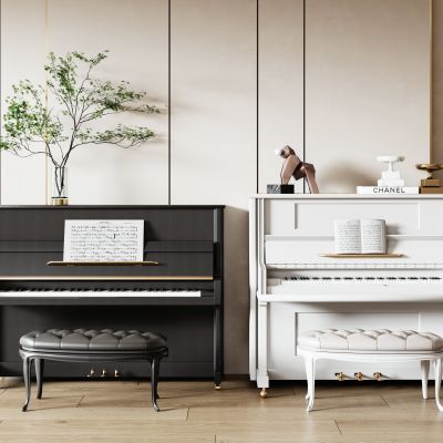 现代钢琴组合 木质钢琴  烤漆钢琴 钢琴凳 金属摆件 琴谱