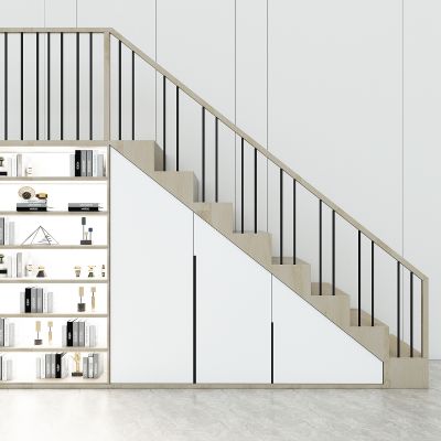 现代楼梯间楼梯，楼梯护栏栏杆扶手，楼梯间储物柜，装饰展示书柜