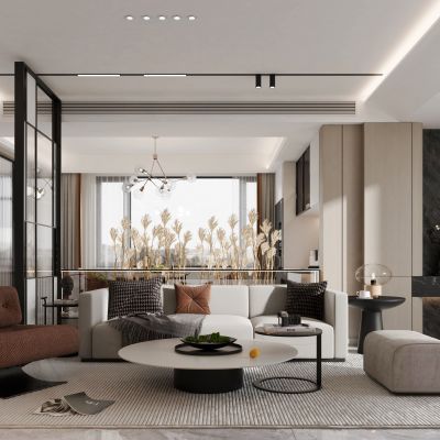 现代客餐厅 现代轻奢客餐厅 沙发茶几组合 厨房