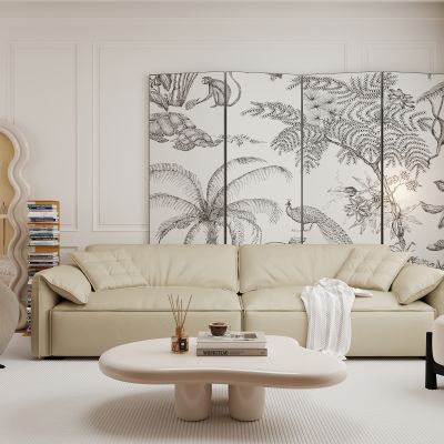 奶油风客厅，沙发茶几组合