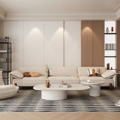 奶油风客厅，沙发茶几组合