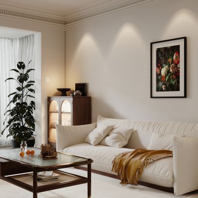 奶油风客厅，沙发茶几组合