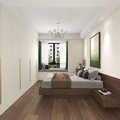 现代卧室，双人床，衣柜，梳妆台