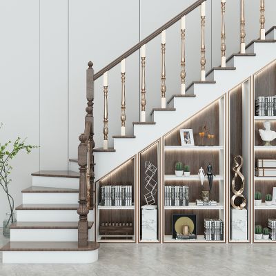 简欧式楼梯间楼梯，楼梯栏杆扶手，楼梯间储物柜，装饰展示柜