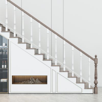 新中式别墅楼梯间楼梯，楼梯扶手，楼梯间储物柜，装饰酒柜