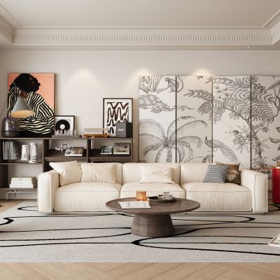 奶油风客厅，沙发茶几组合