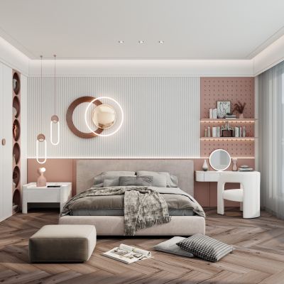 奶油原木风粉色系卧室 