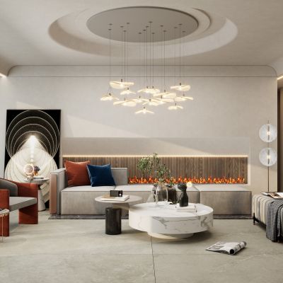 奶油诧寂风弧形小洞天顶客厅沙发墙